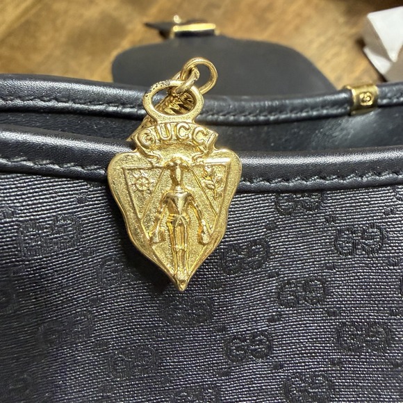 Vintage Gucci Horse Shoe Shoulder Bag Black Leather Canvas Monogram Authentic - Picture 15 of 16